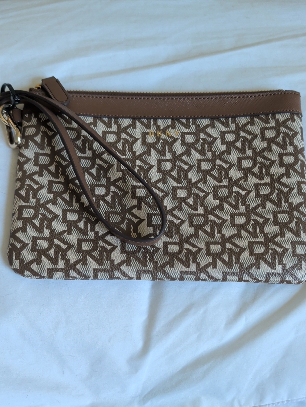 DKNY Brown Monogram Wristlet Clutch with Leather Trim